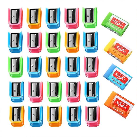 24 pcs Small Pencil Sharpener Manual Single Hole 20 pencil sharpeners + 4 eraser - Picture 1 of 6